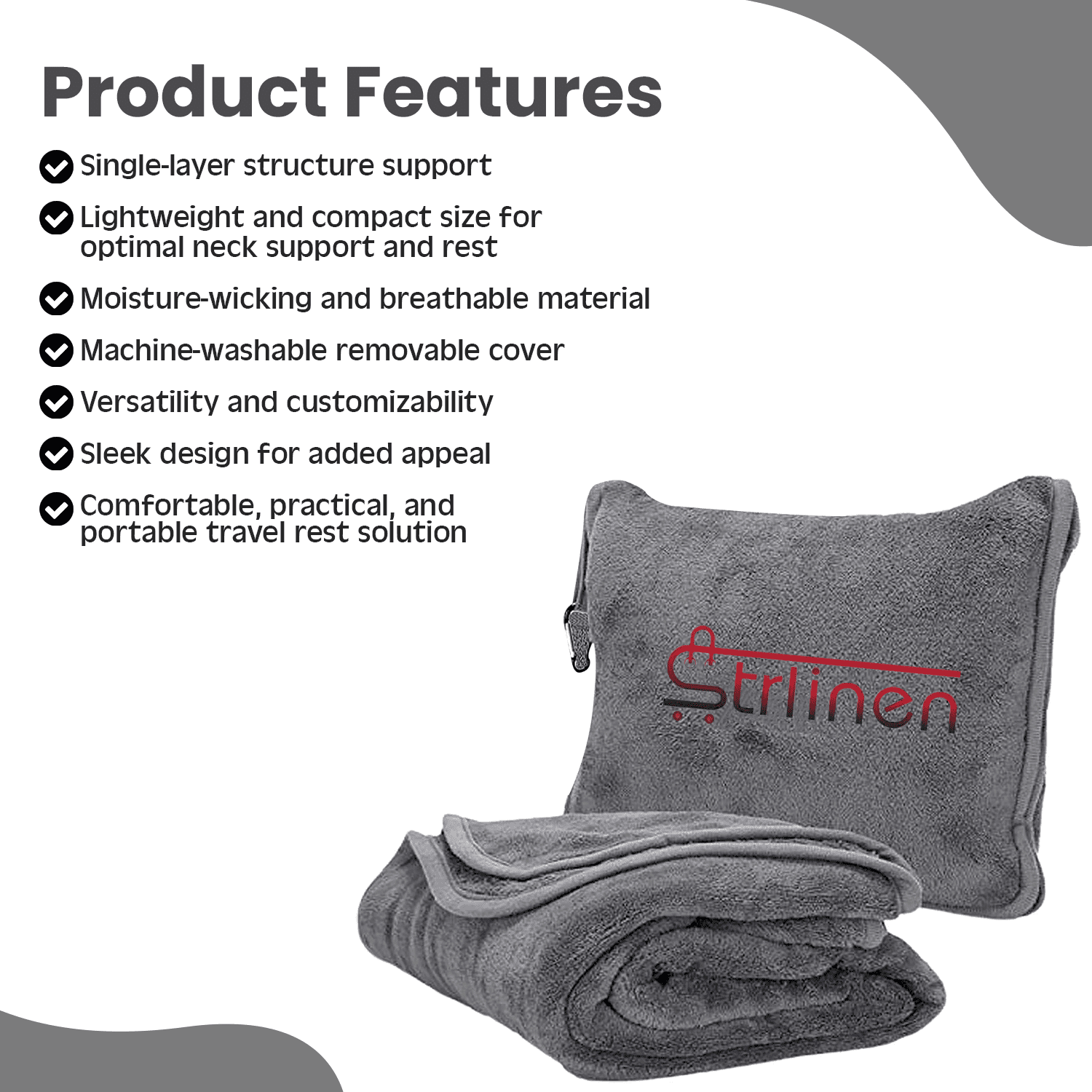 Strlinen Travel Blanket and Pillow - Premium Soft 3 in 1 Airplane Blanket with Soft Bag Pillowcase, Hand Luggage Sleeve and Backpack Clip (Grey)