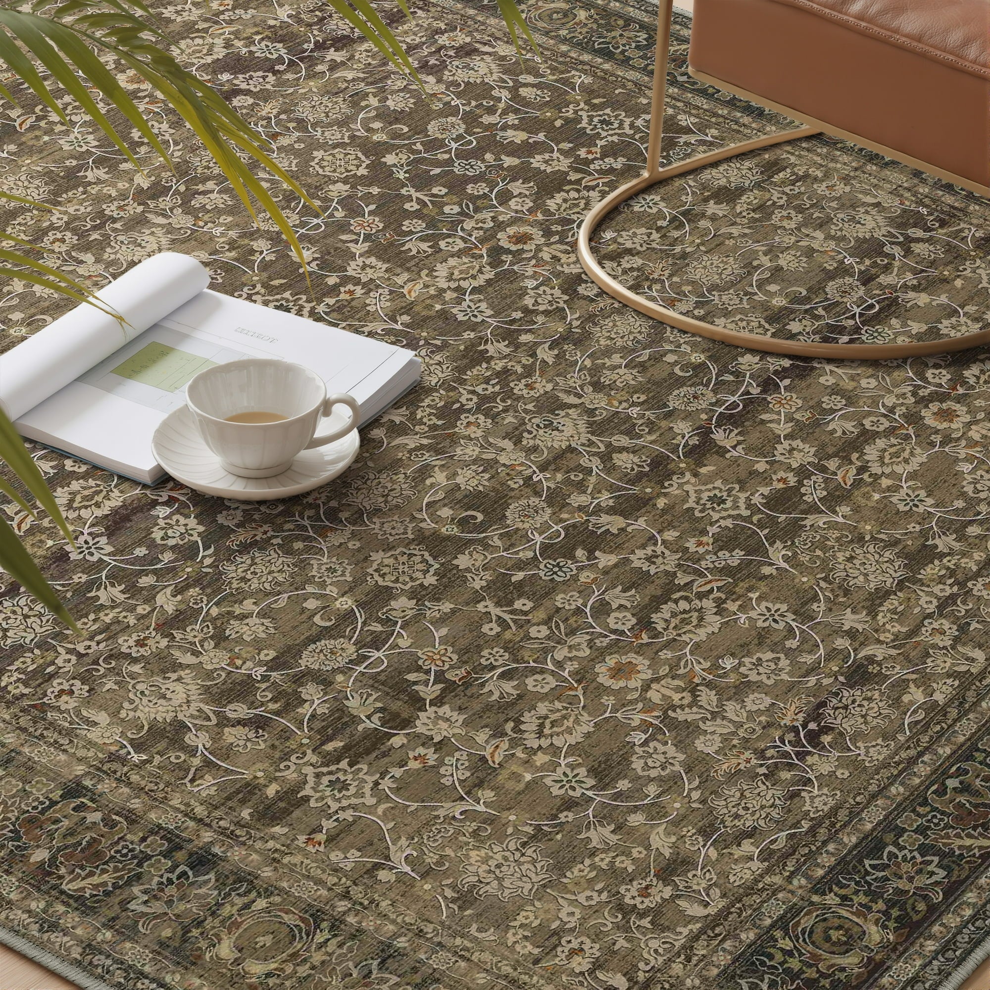 BERTHMEER 8'x10' Large Area Rugs for Living Room Vintage Brown Carpets for Bedroom Office Machine Washable Farmhouse Dining Room Oriental Rugs Non Slip Traditional Floral Distressed Rugs