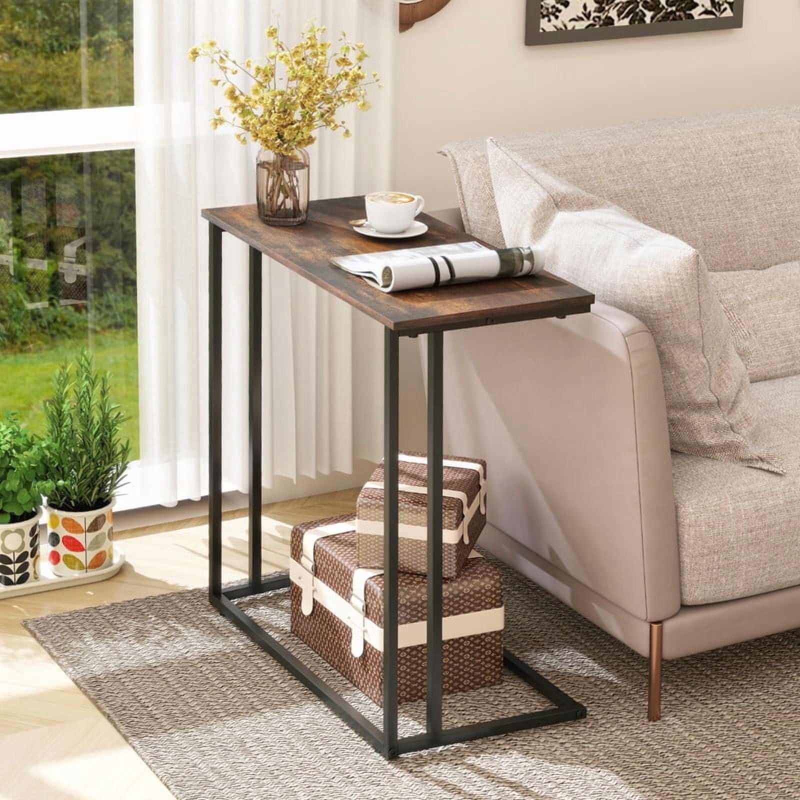 Krpimt C-Shaped End Table for Couch Sofa Side Table with Metal Frame for Bedroom, Living Room, 24.2"x 23.6"x 11.8"(HxWxD), Rustic Brown