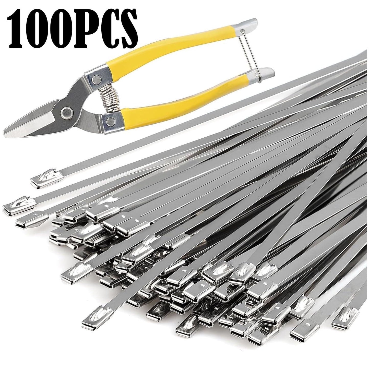 100 Pieces 11.8 Inches Metal Zip Ties 7 Inch Miter Shears Suit，Metal Cutting Shears for Cutting Stainless Steel Cable Ties -Suitable For Gardens, Farms, Chain Link Fences, Vehicles, Etc.…