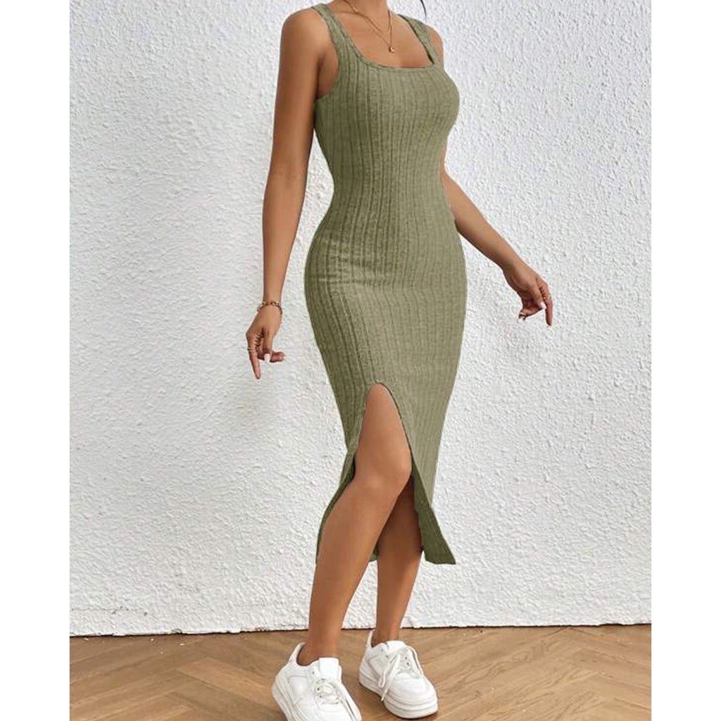 MLDRA Dresses for Women's Ribbed Bodycon Tank Skirt Sexy Slim Fit Sleeveless Side Slit Midi/Maxi Dress Strap Low-Cut Summer Party Dress for Prom or Wedding Guest