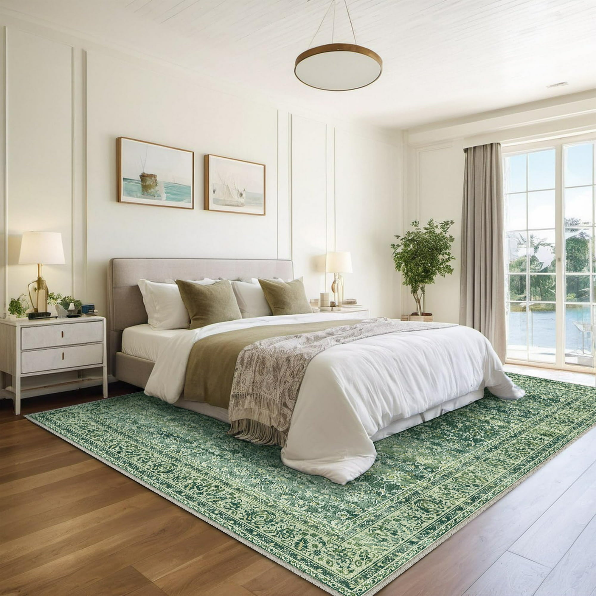 BERTHMEER 8'x10' Large Area Rugs for Living Room Vintage Green Carpets for Bedroom Office Machine Washable Farmhouse Dining Room Oriental Rugs Non Slip Traditional Floral Distressed Rugs