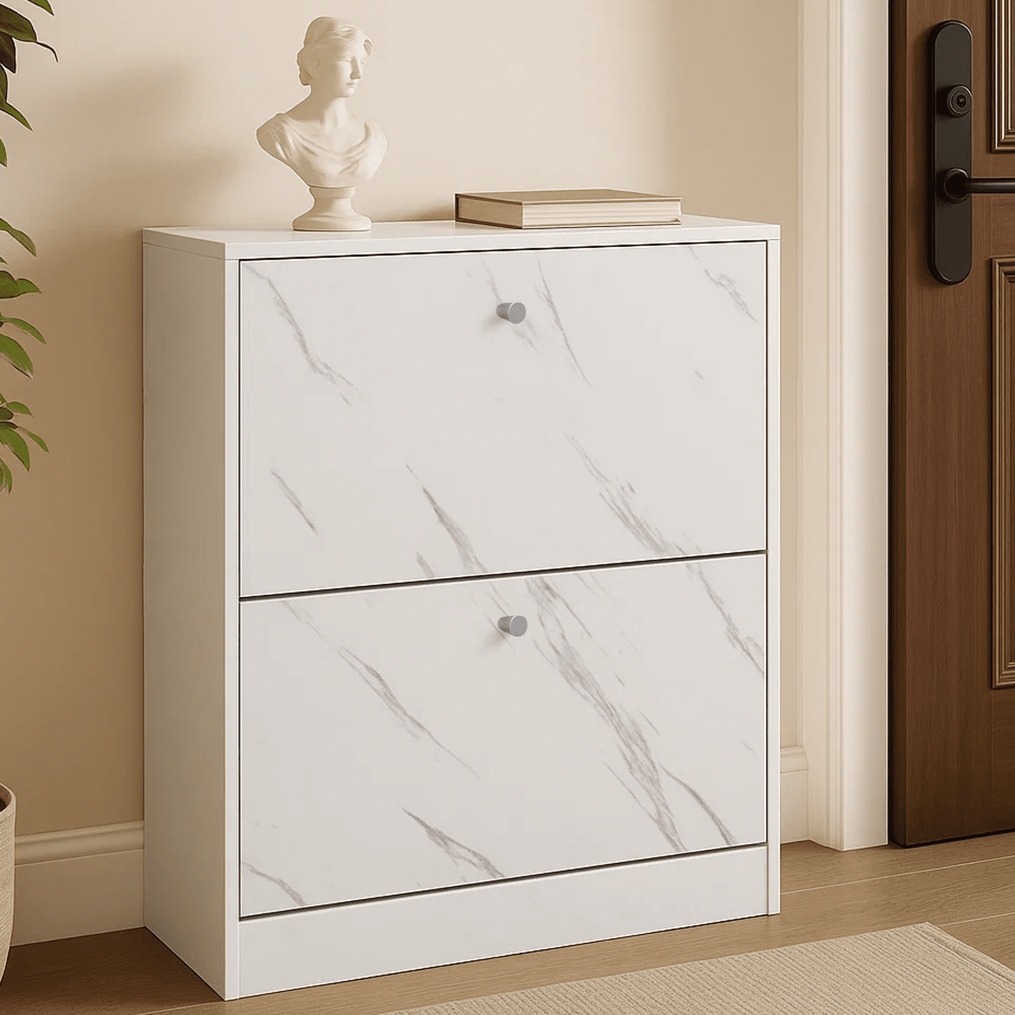 Dowellia 2 Drawer Shoe Cabinet,Wooden Shoes Organizer Cupboard Unit Hallway Furniture,freestanding Entryway 2 tier Modern Shoe Rack Cabinet Footwear Stand for Shoes (Marble White)