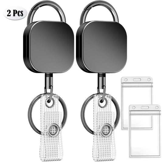 2 Pack Metal Retractable Keychain Set - Heavy Duty Retractable Badge Reel for Badge Holder Dual Fastening Styles, 25.6" Nylon Cord, All-Metal Casing - Ideal for Business, Office, Doctor & Teachers
