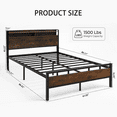 Queen Bed Frame with Storage Headboard, LED Lights and USB Charging Station, Metal Bed Frame, Rustic Brown