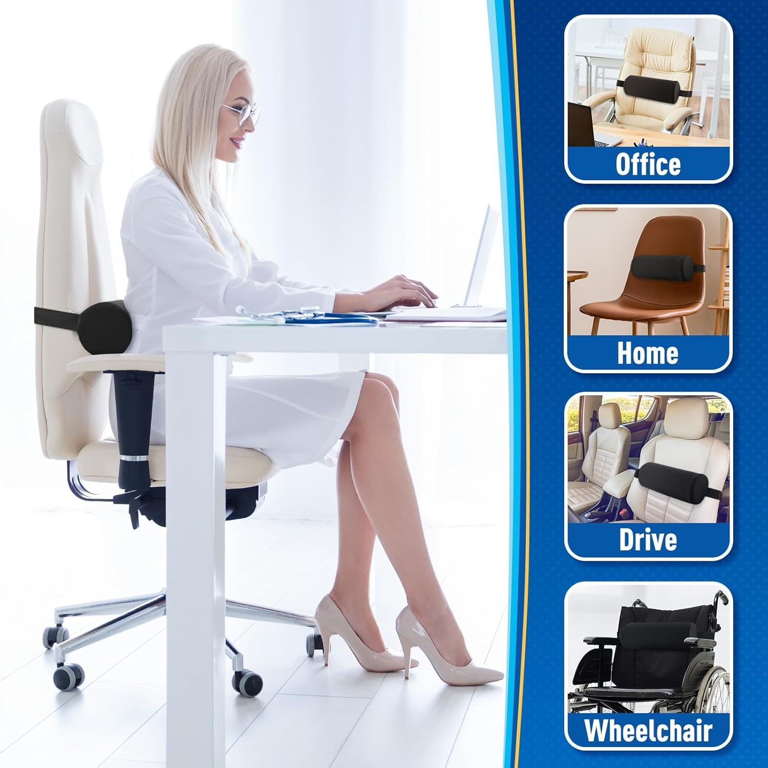 Lumbar Roll Support Pillow for Office Chair, Car, Gaming Chair, USA-Made Memory Foam Back Support Cushion with Washable Cover. The Preferred Lumbar Pillow by Physical Therapists - Standard Density