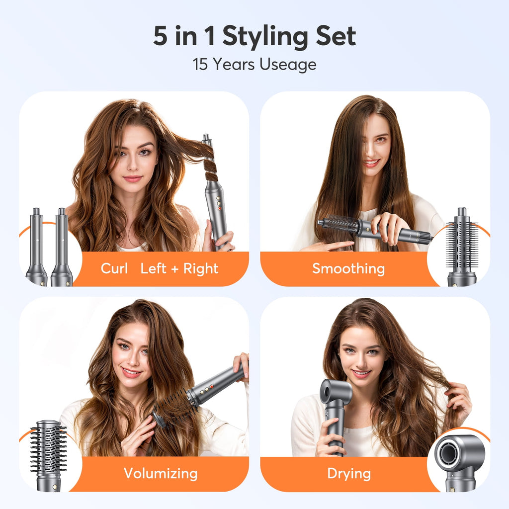 5 in 1 Air Wrap Hair Styler for Women, Bopcal Ion High-Speed Hair Dryer Brush, Fast Drying, Curling，Volumize, Straighten, Multi-function Hair Styling Tool, Gray