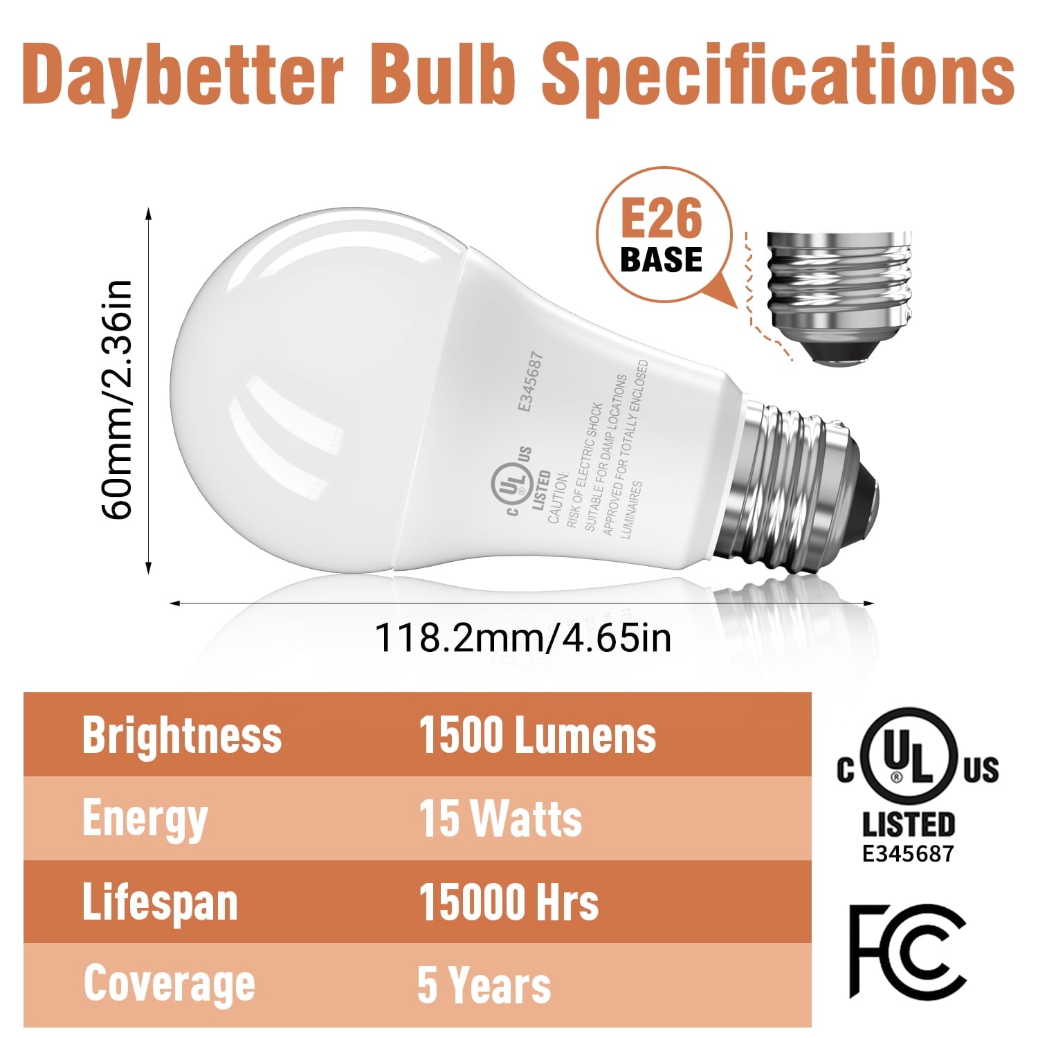 DAYBETTER A19 LED Light Bulbs, 100W Equivalent,2700K Daylight, 15W 1500 Lumens,E26 Standard Base,UL Listed,Lighting for Bedroom Living Room Home Office,4 Pack