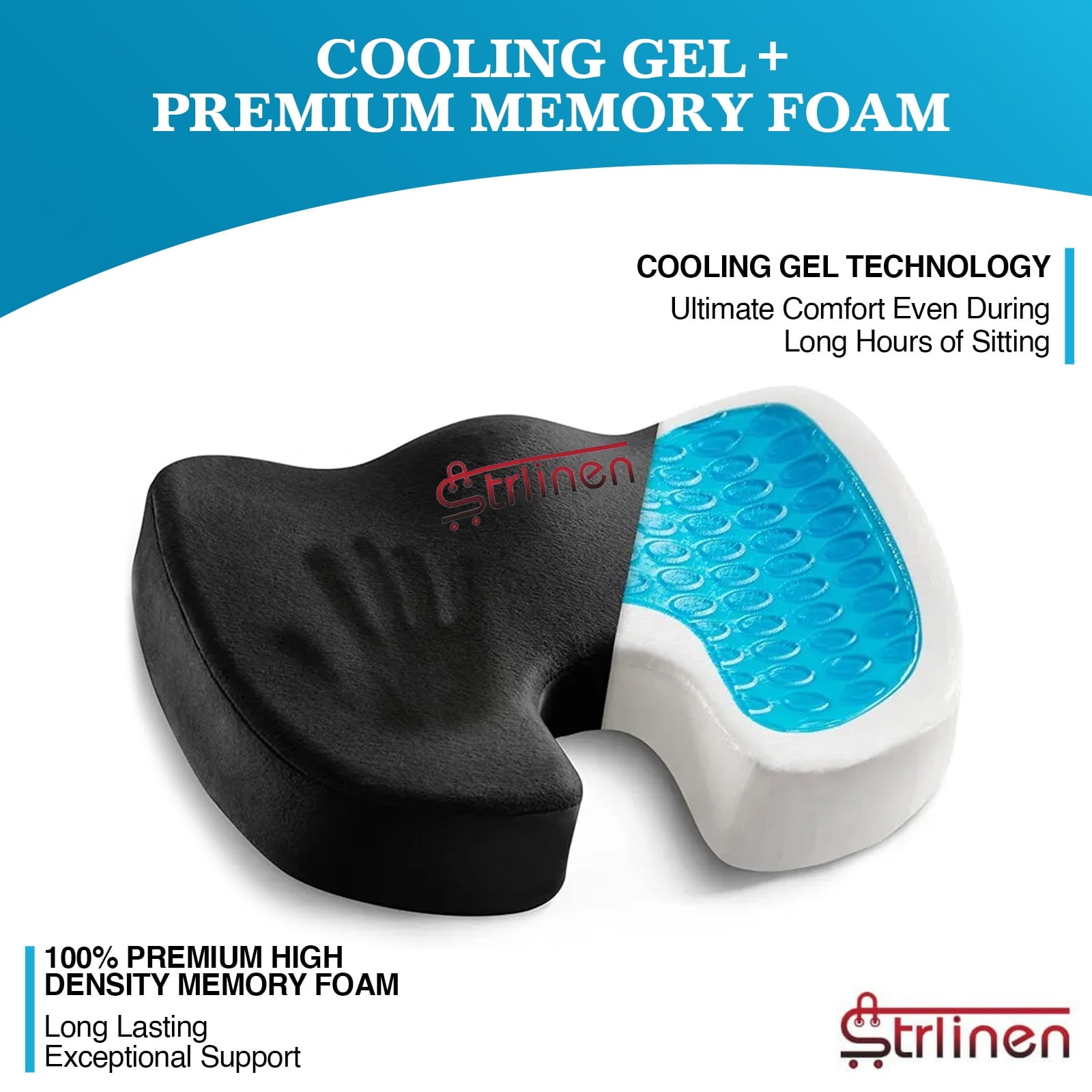 Strlinen Gel Enhanced Seat Cushion – Office Chair Cushion– Gel & Memory Foam for Tailbone Pain - Desk Chair Car Seat Cushion Driving- Back Pain Relief (Black)