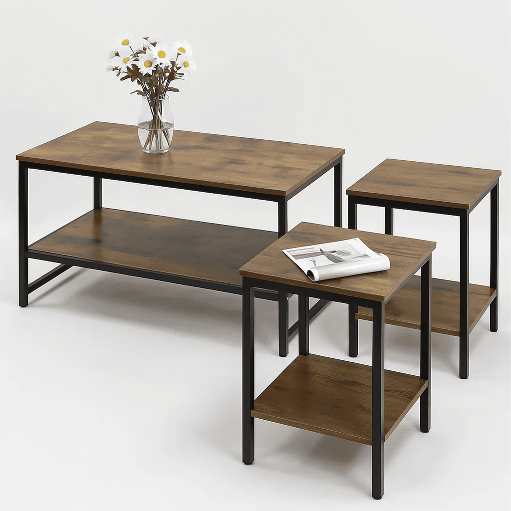 Dowellia 3-Piece Coffee Table Set for Living Room, End Table Set with Storage, Includes 1 Coffee Table and 2 End Tables, Rustic Brown