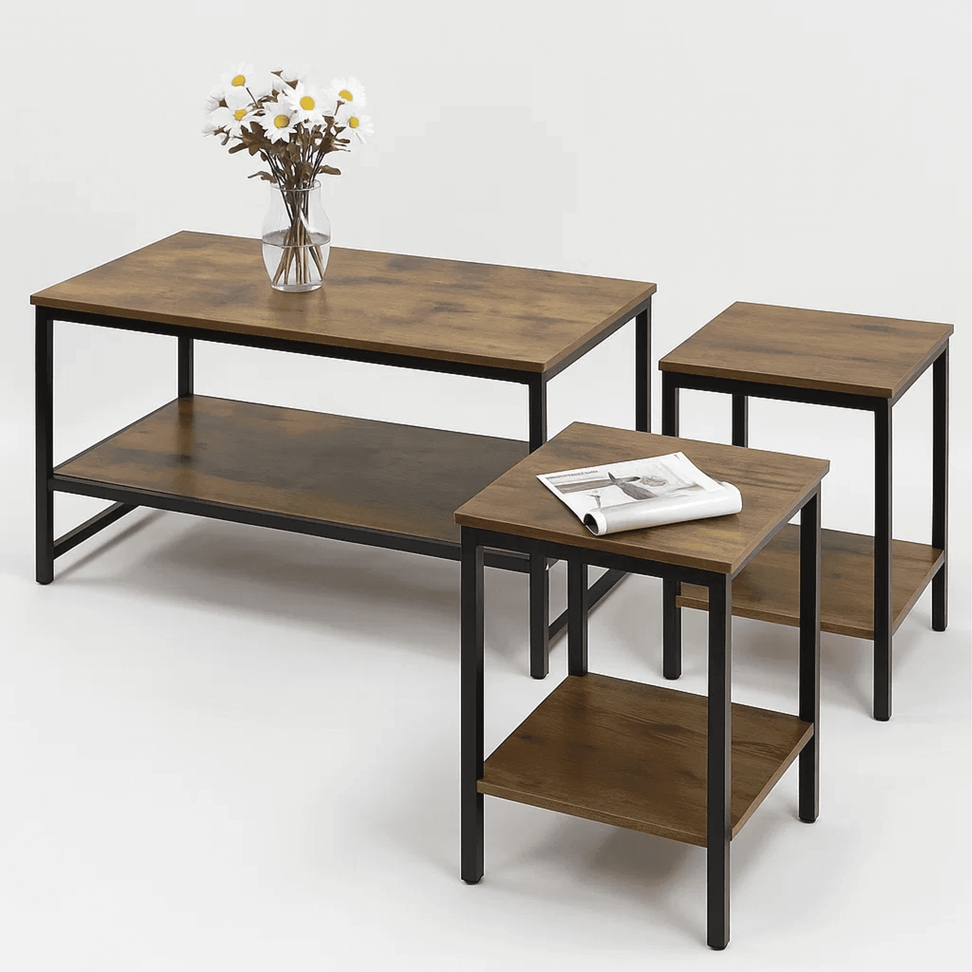 Dowellia 3-Piece Coffee Table Set for Living Room, End Table Set with Storage, Includes 1 Coffee Table and 2 End Tables, Rustic Brown