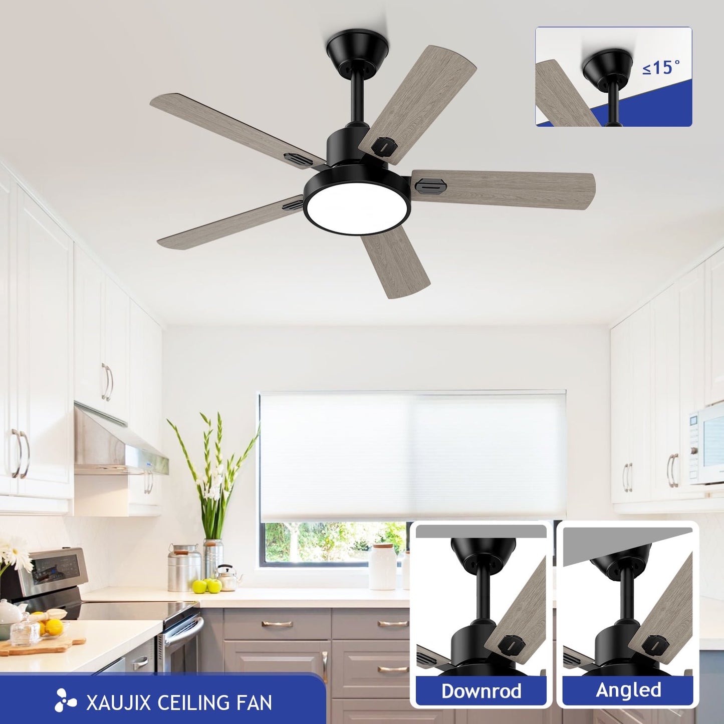 Ceiling Fan with Light and Remote Control, Modern Flush Mount Ceiling Fan 41 '' 6-Speed Reversible DC Motor 5 Wood Fan Blades Yellow and Black