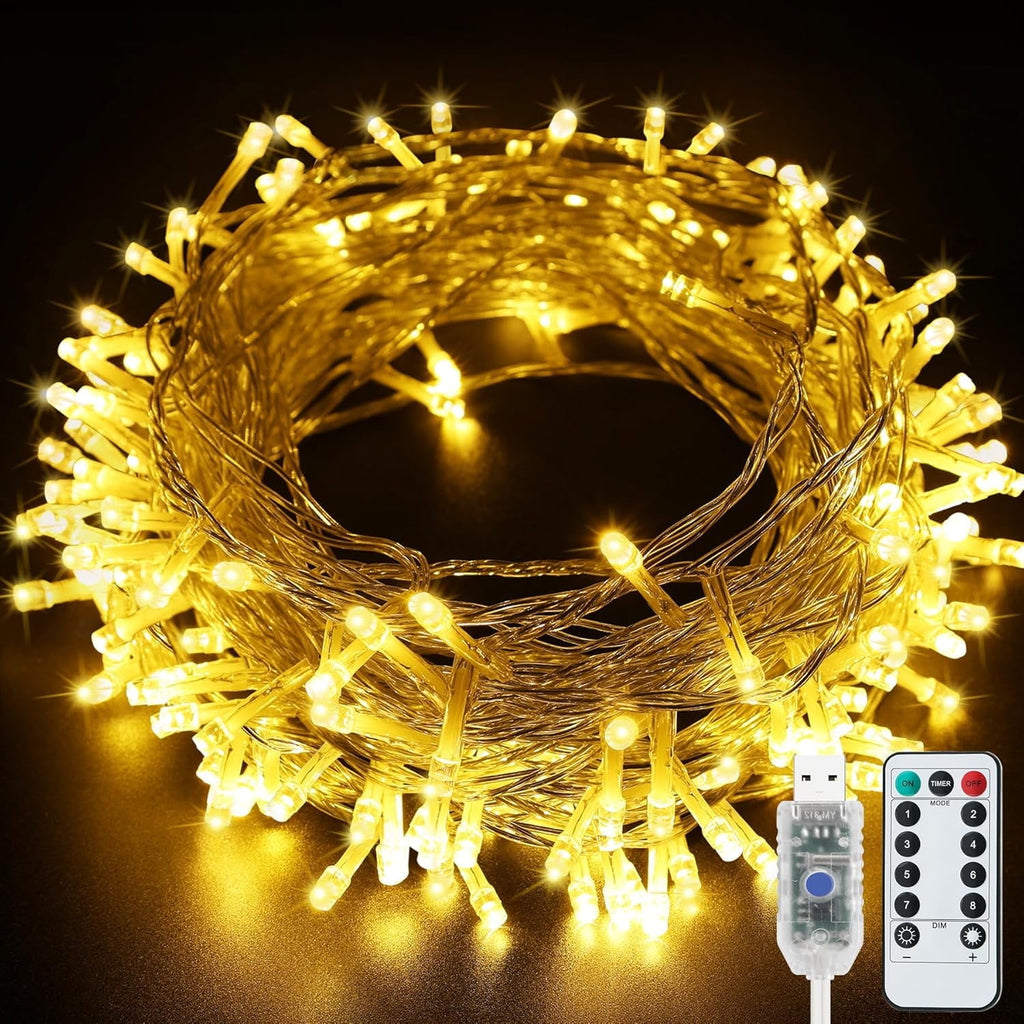 33ft (10m) USB Christmas Lights with Remote Control - 100 LED Warm White String Lights, 8 Lighting Modes, Waterproof for Indoor Outdoor Holiday Decor, Tree, Party, Wedding