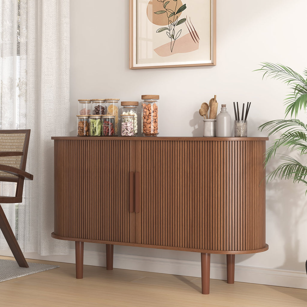 BOMETAO 47'' Sideboard Buffet Cabinet with 2 Sliding Tambour Doors, Mid Century Accent Console Table with Adjustable Shelves, Storage Bar Cabinet for Kitchen, Living Room, Entryway, Walnut