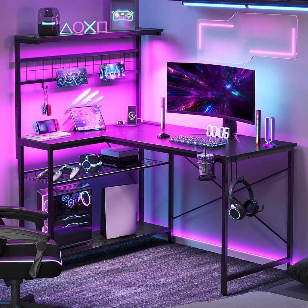 L Shaped Desk Gaming Desk with Power Outlet, 42 inch Reversible L Shaped Computer Table with Shelf & Storage Bag & Hook for Home Office, Black