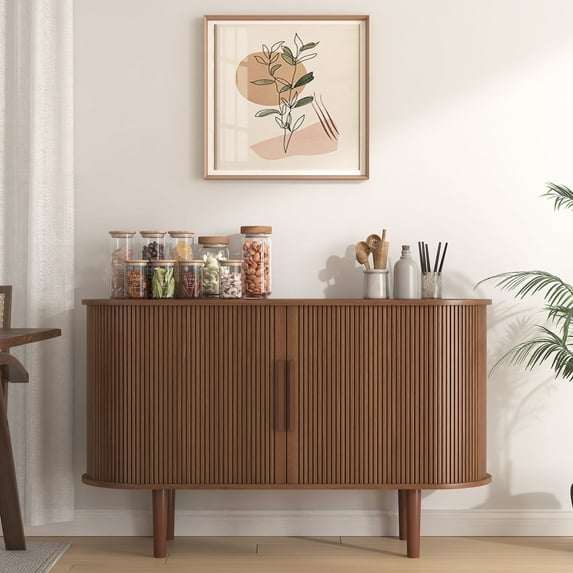 BOMETAO 47'' Sideboard Buffet Cabinet with 2 Sliding Tambour Doors, Mid Century Accent Console Table with Adjustable Shelves, Storage Bar Cabinet for Kitchen, Living Room, Entryway, Walnut