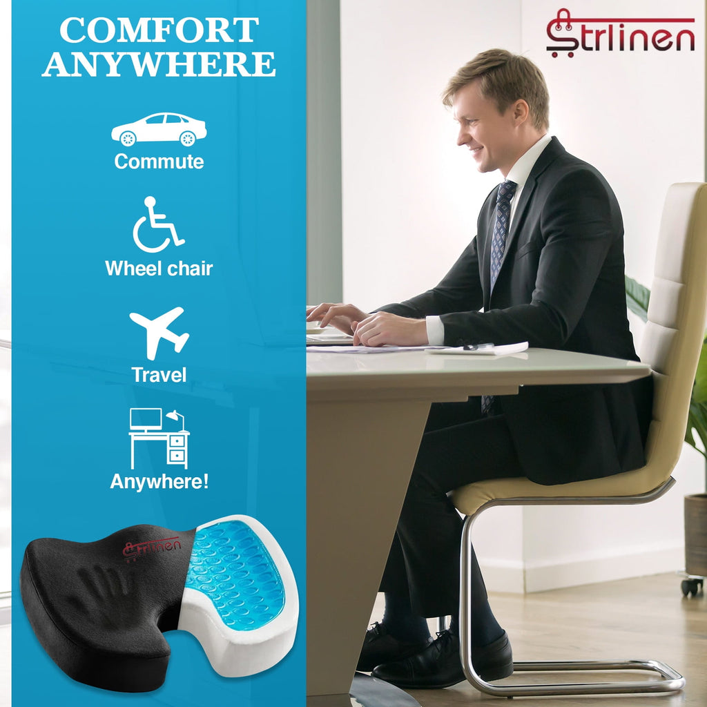 Strlinen Gel Enhanced Seat Cushion – Office Chair Cushion– Gel & Memory Foam for Tailbone Pain - Desk Chair Car Seat Cushion Driving- Back Pain Relief (Black)