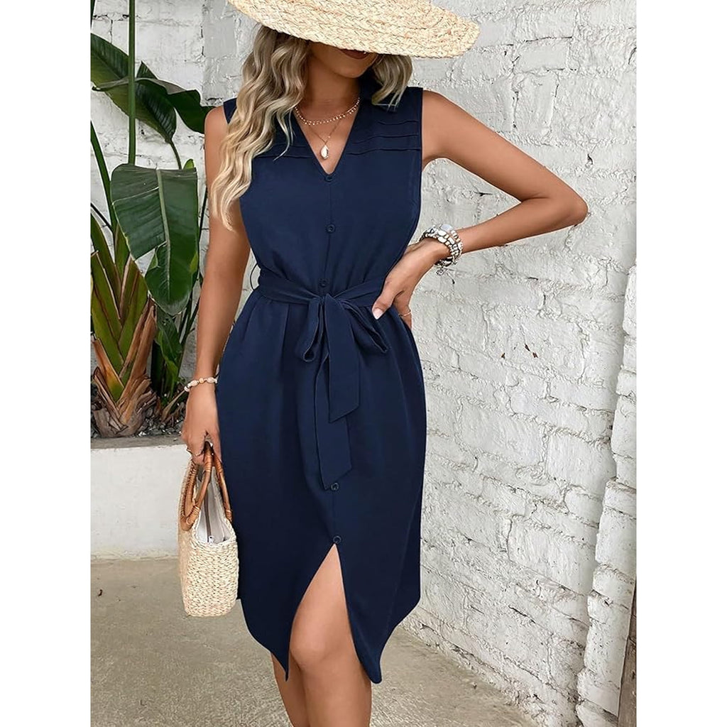 MLDRA Women's Dresses Midi Sundress Belted Shirt Sleeveless V-Neck Flowy Beach Skirt 2025 Spring Summer Casual Navy