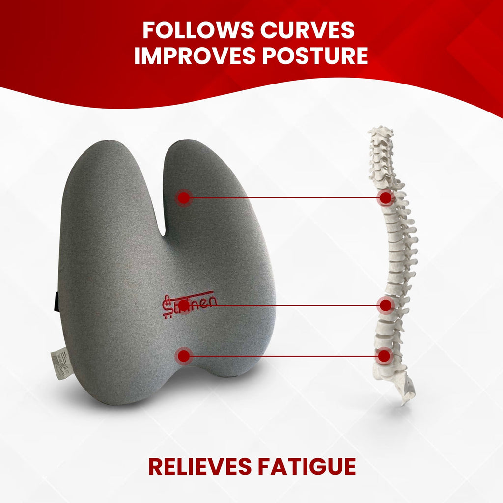 Strlinen Lumbar Pillow - Patented Ergonomic Multi-Region Firm Back Support for Lower Back Pain Relief - Extra Dense Lumbar Pillow Support Cushion for Office Chair, Car, Sofa, Plane - Grey