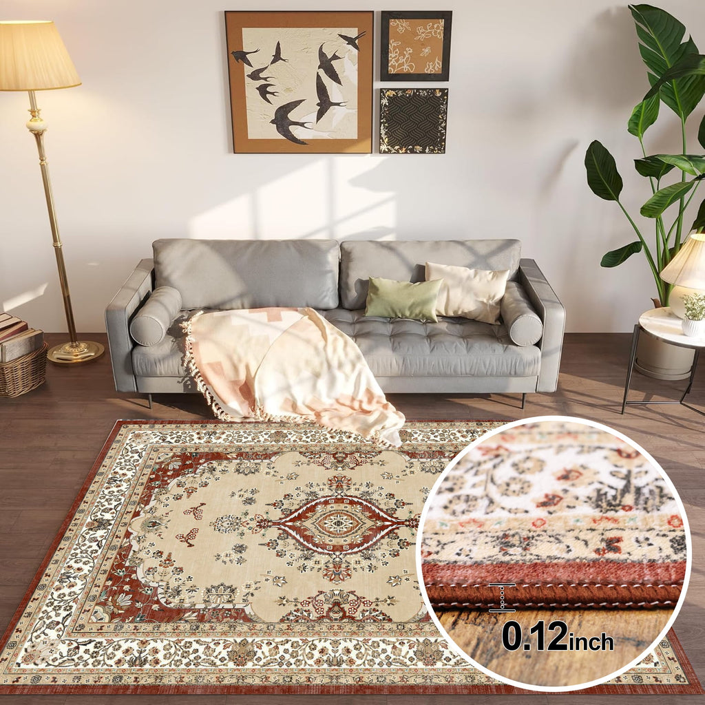 4x6 Rug - Stain Resistant Washable Rug, Anti Slip Backing Rugs for Living Room, Foldable Vintage Small Area Rugs, Red