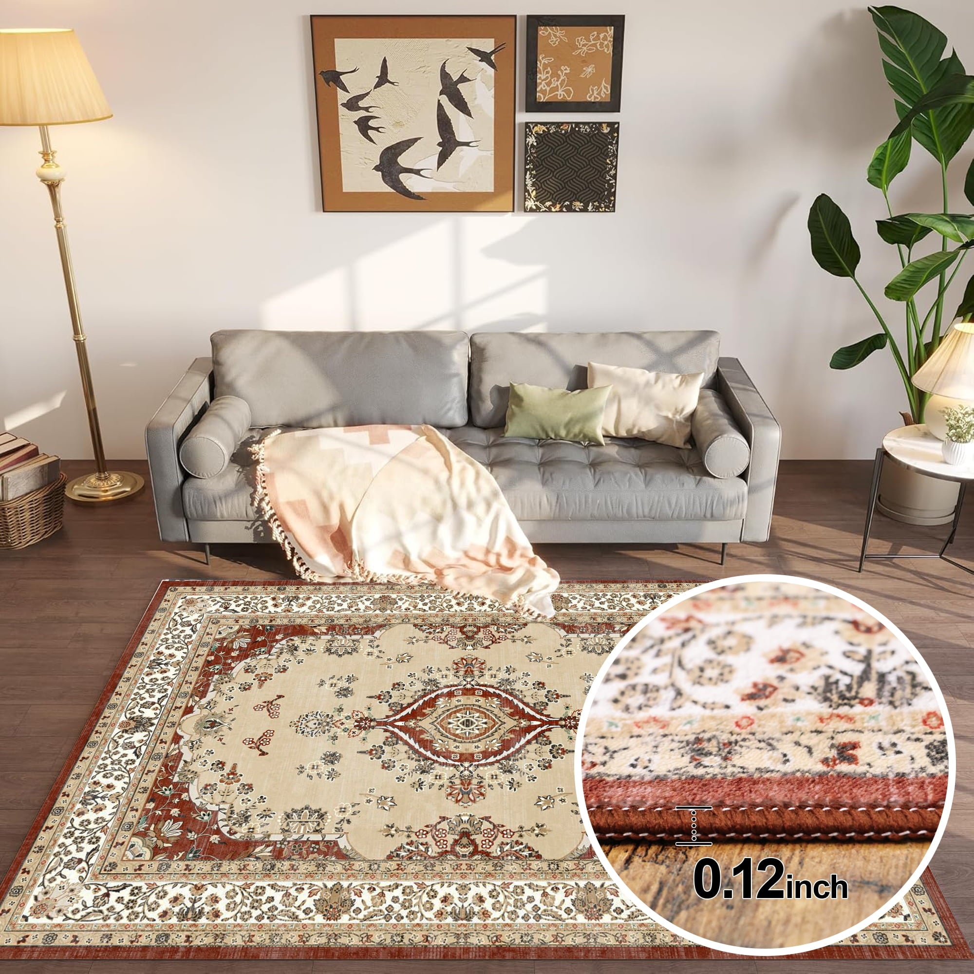 4x6 Rug - Stain Resistant Washable Rug, Anti Slip Backing Rugs for Living Room, Foldable Vintage Small Area Rugs, Red