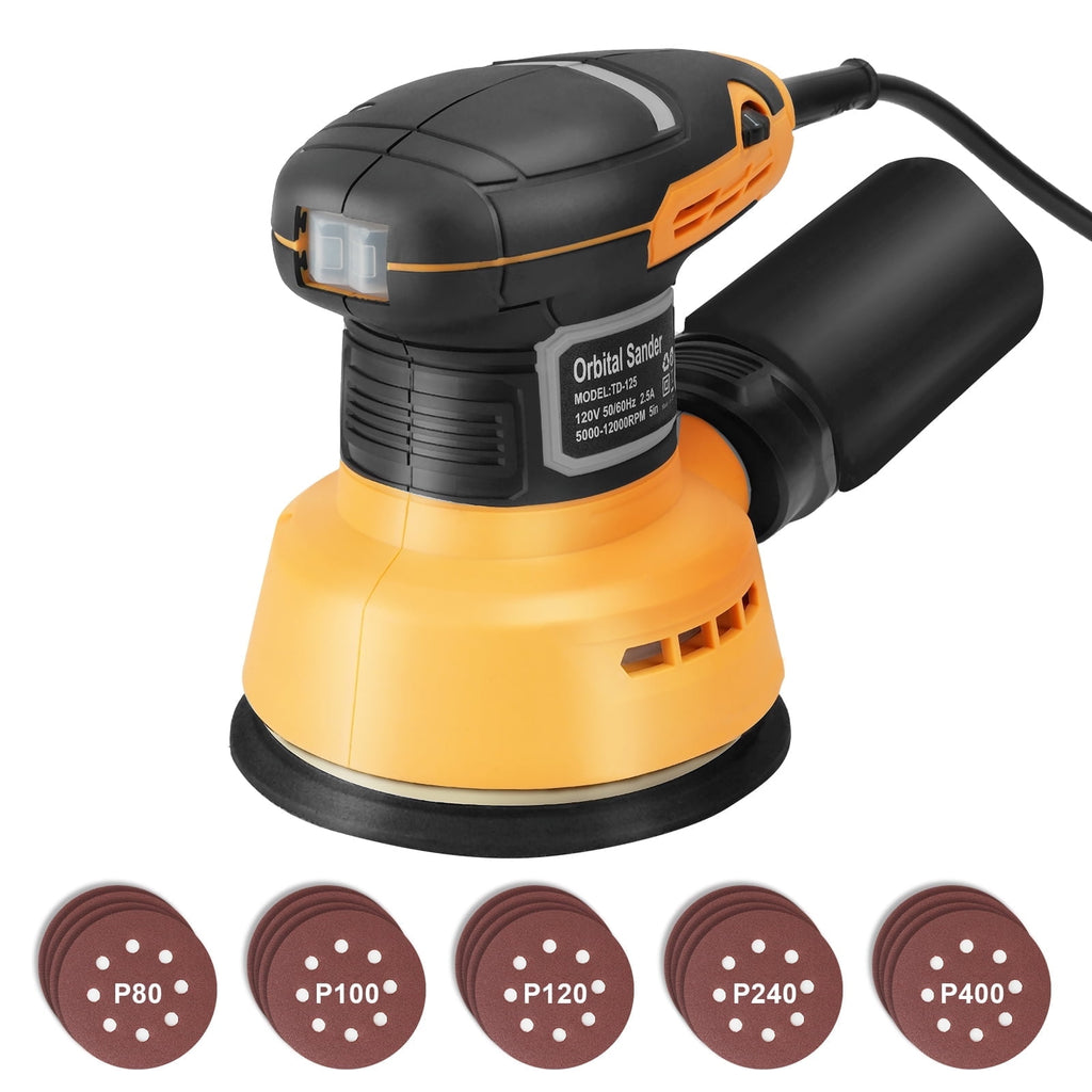 5-Inch Random Orbital Sander,12000RPM Variable Speed Palm Sander,Electric Orbital Sander with 20 Sanding Pads & Dust Bag, Compact Power Tool for Wood Finishing, Metal Sanding, Home Renovation