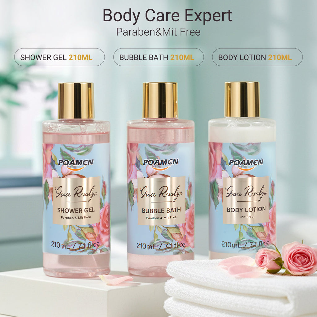 Poamcn Bath and Body Gift Set,Home Spa Gift Set for Women,Rose Scent,3 Piece Set