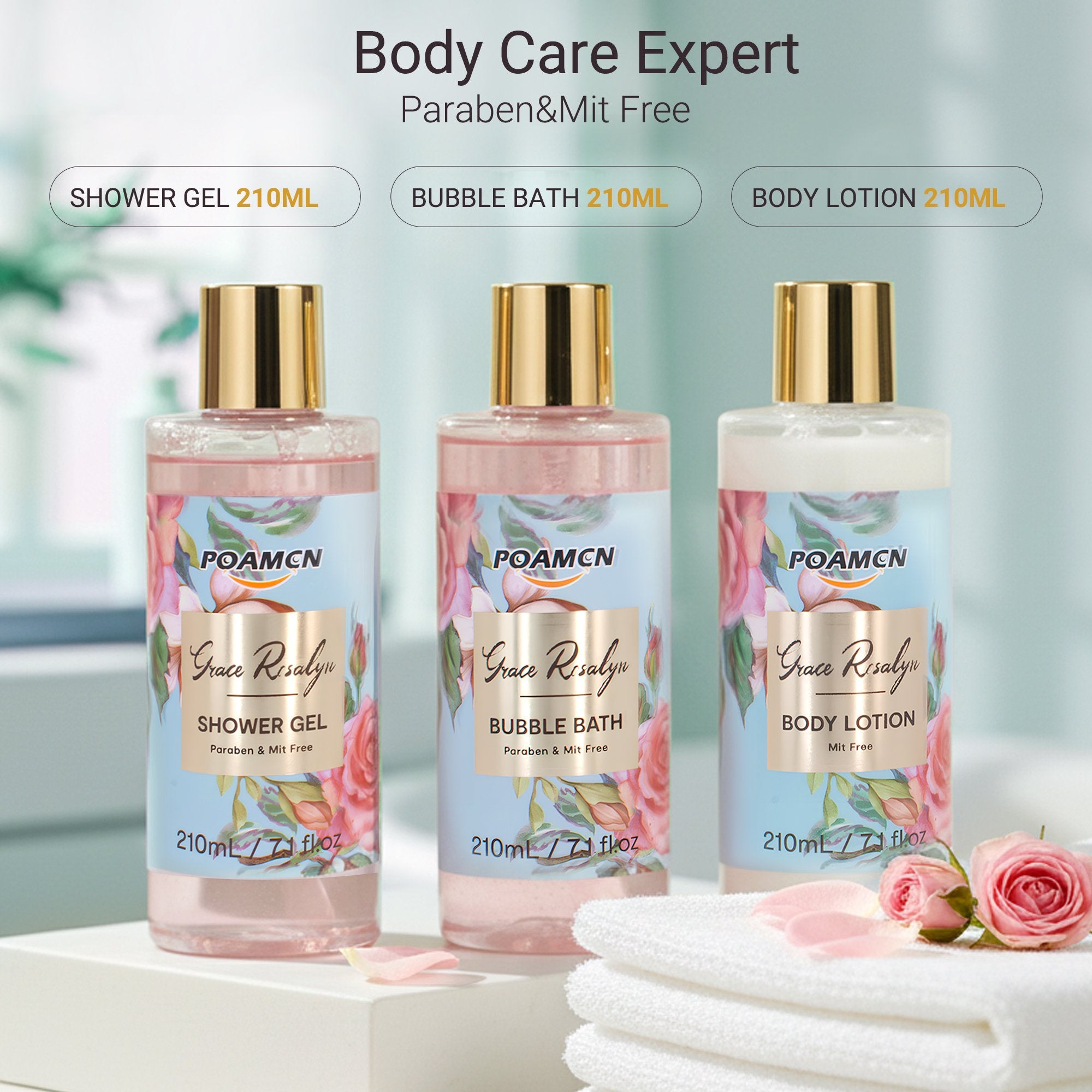 Poamcn Bath and Body Gift Set,Home Spa Gift Set for Women,Rose Scent,3 Piece Set