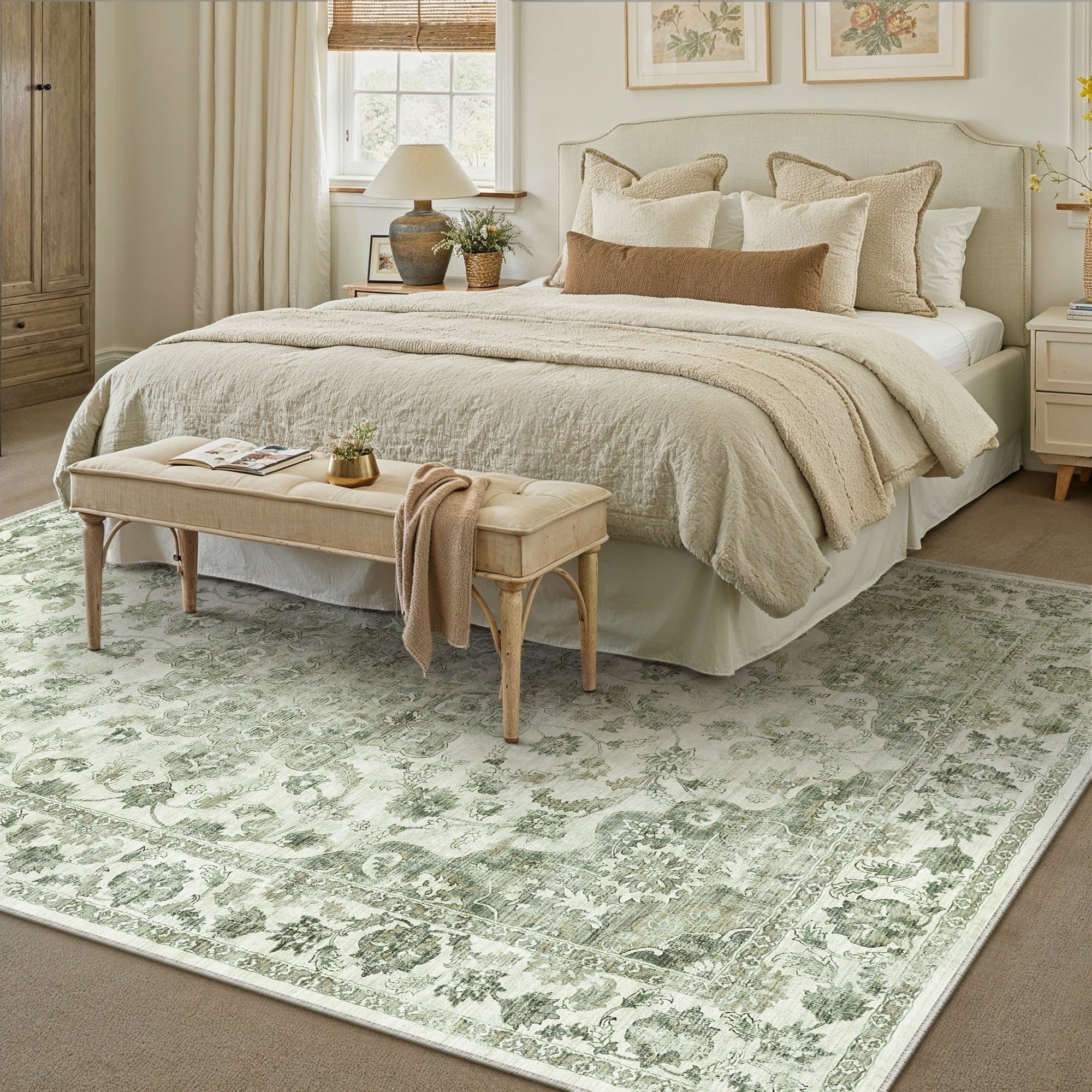 WIPONKEN 8x10 Area Rugs for Living Room Bedroom Dining Room Office Farmhouse, Machine Washable Non Slip Vintage Persia Rug Green