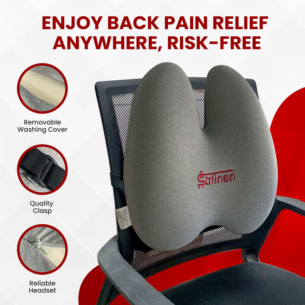 Strlinen Lumbar Pillow - Patented Ergonomic Multi-Region Firm Back Support for Lower Back Pain Relief - Extra Dense Lumbar Pillow Support Cushion for Office Chair, Car, Sofa, Plane - Grey