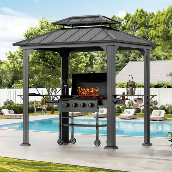 Modern Shade 6’ x 8’ Aluminum Grill Gazebo, Equipped with Shelves, Ceiling Hook, and Galvanized Steel Roof for Enhanced Patio, Lawn, or Backyard Deck BBQ Experience
