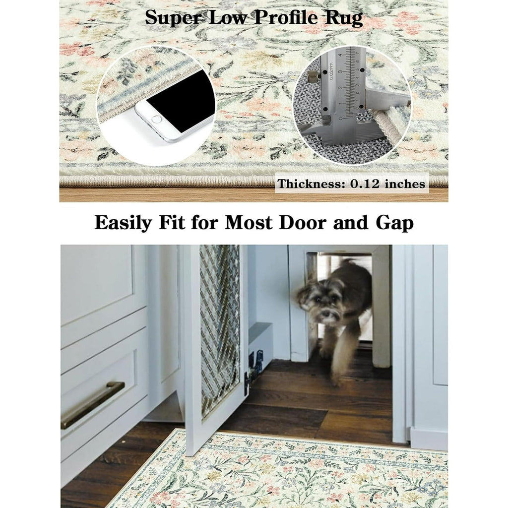 Moynesa 5'x7' Washable Rugs for Living Room, Boho Light Beige Floral Rugs for Bedroom Girls Non Slip, Soft Low-Pile Nursery Carpet Rug for Dining Room Indoor,Beige