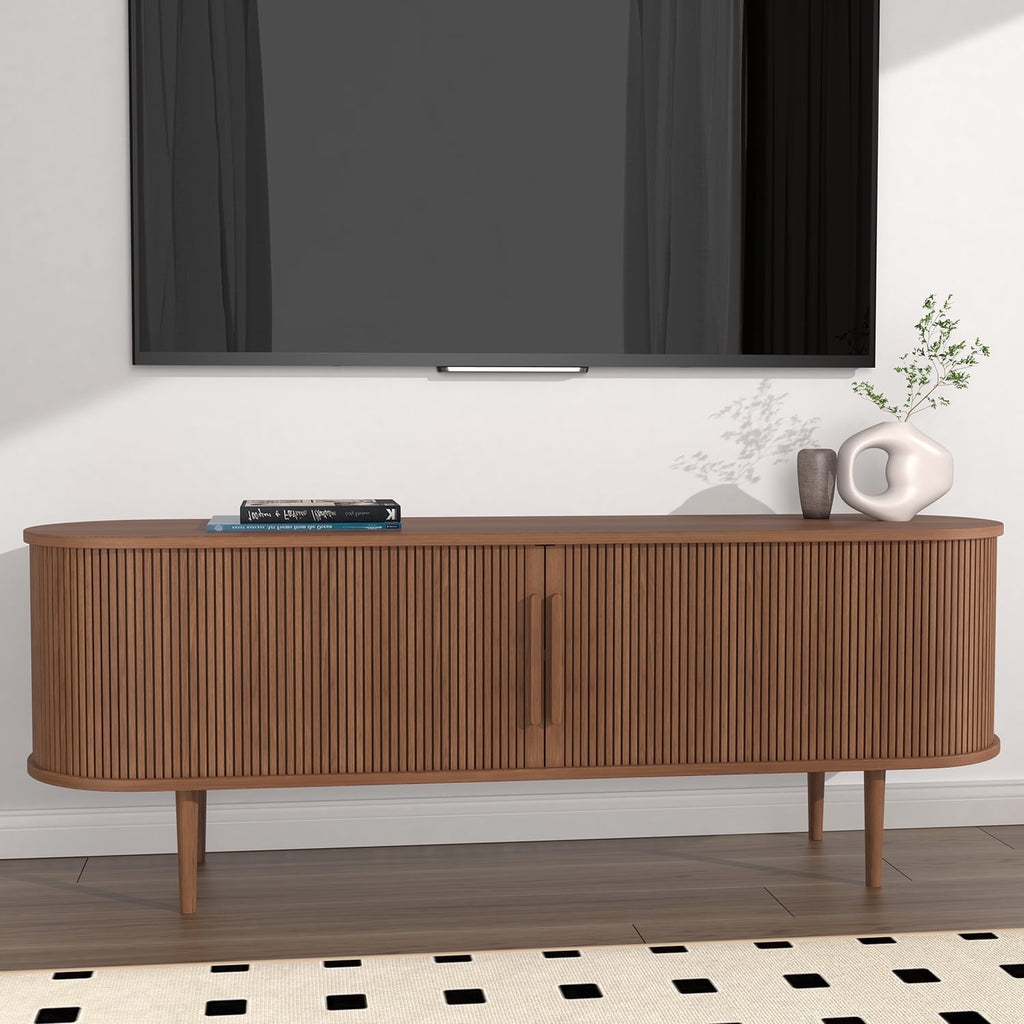 BOMETAO 63" TV Stand with Storage for TVs up to 70 inch Wood Entertainment Center with 2 Sliding Tambour Doors Media TV Console Cabinet with Adjustable Shelves for Living Room, Walnut