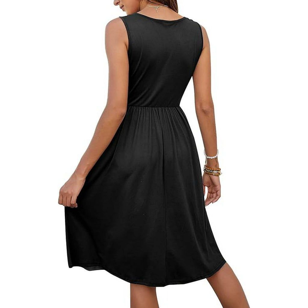 Women's Summer Beach Dresses Casual Sleeveless Sundress Loose Button Elastic Waist Midi Dress with Pockets 2025 Black