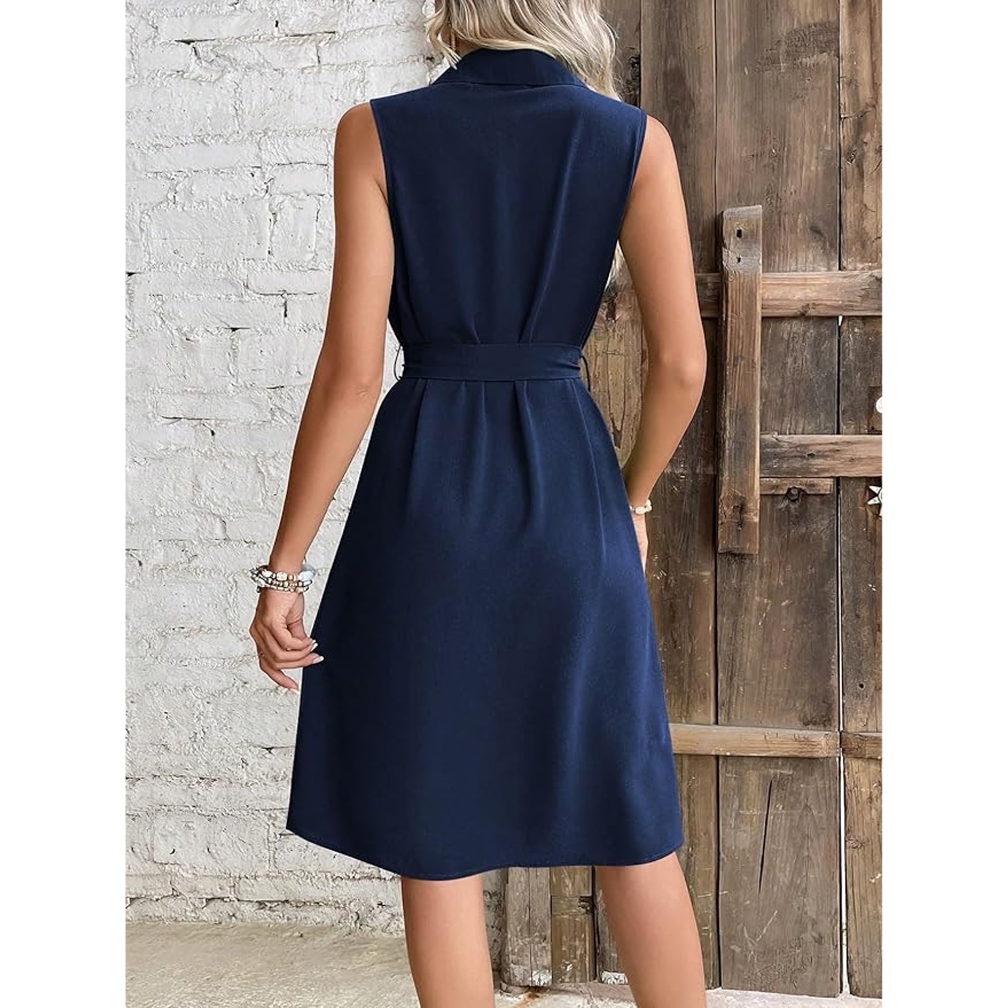 MLDRA Women's Dresses Midi Sundress Belted Shirt Sleeveless V-Neck Flowy Beach Skirt 2025 Spring Summer Casual Navy