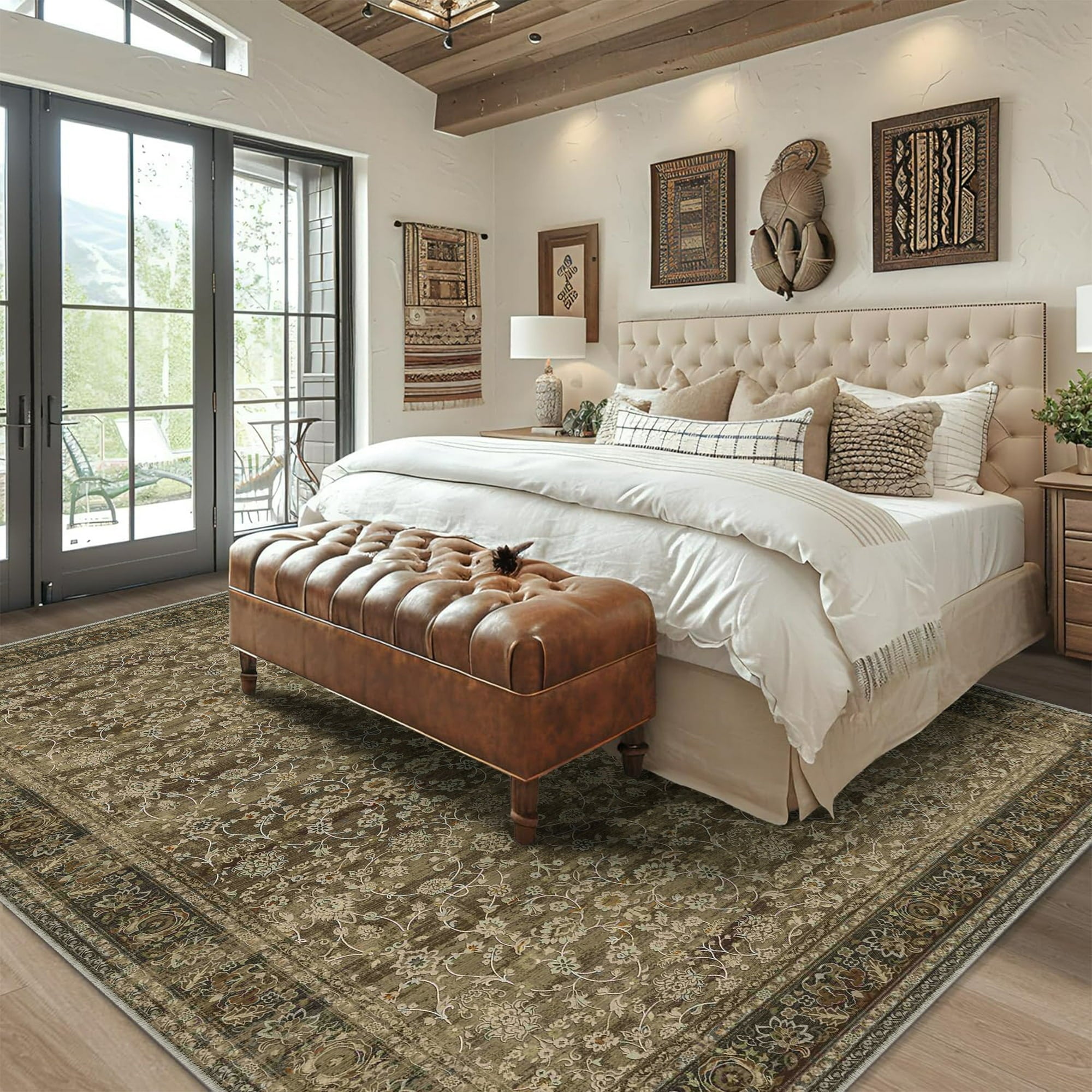 BERTHMEER 8'x10' Large Area Rugs for Living Room Vintage Brown Carpets for Bedroom Office Machine Washable Farmhouse Dining Room Oriental Rugs Non Slip Traditional Floral Distressed Rugs