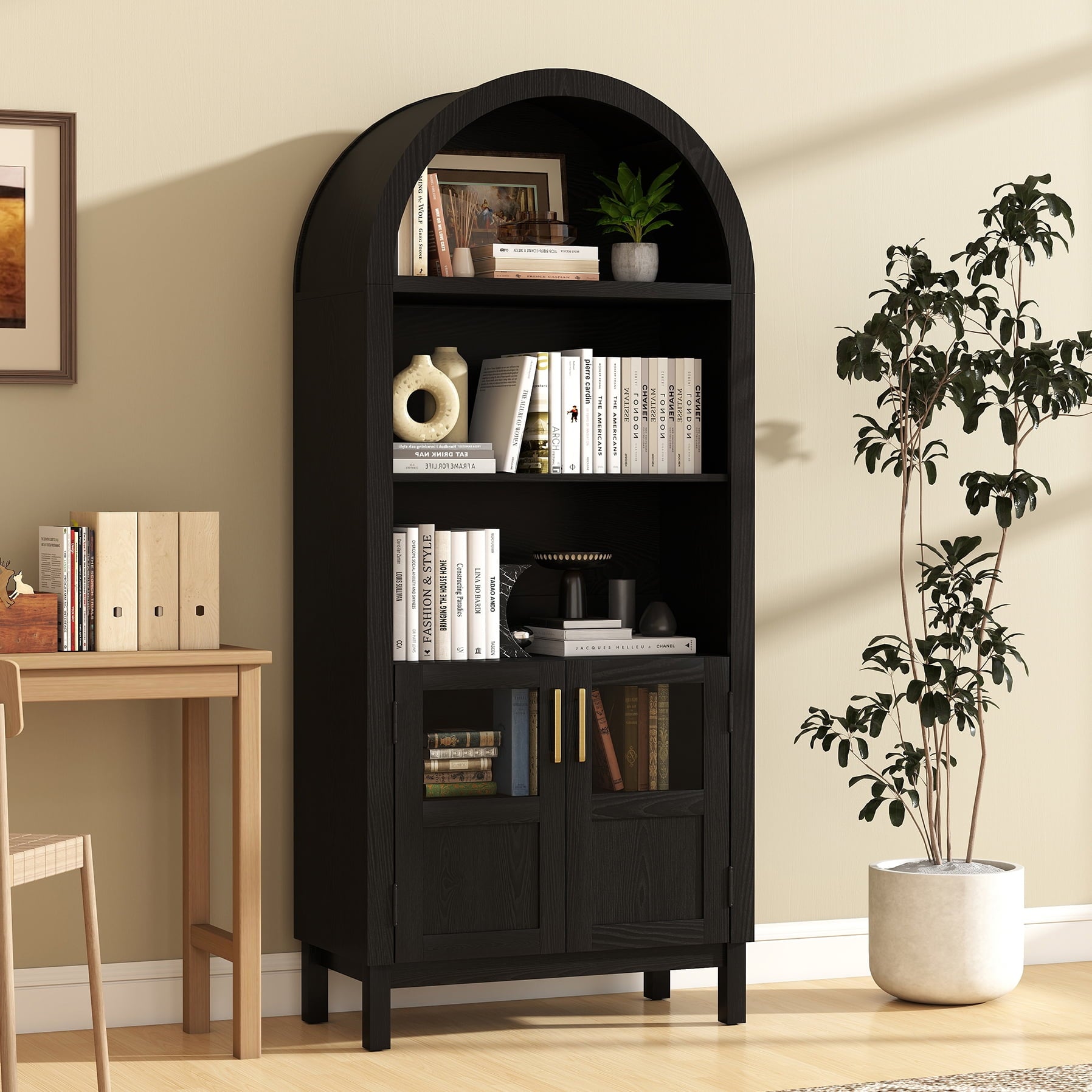 BOMETAO 70" Arched Cabinet with Glass Doors, 5-Tier Storage Bookcase, Tall Display Pantry Storage Cabinet with Adjustable Shelves, for Kitchen, Living Room, Black