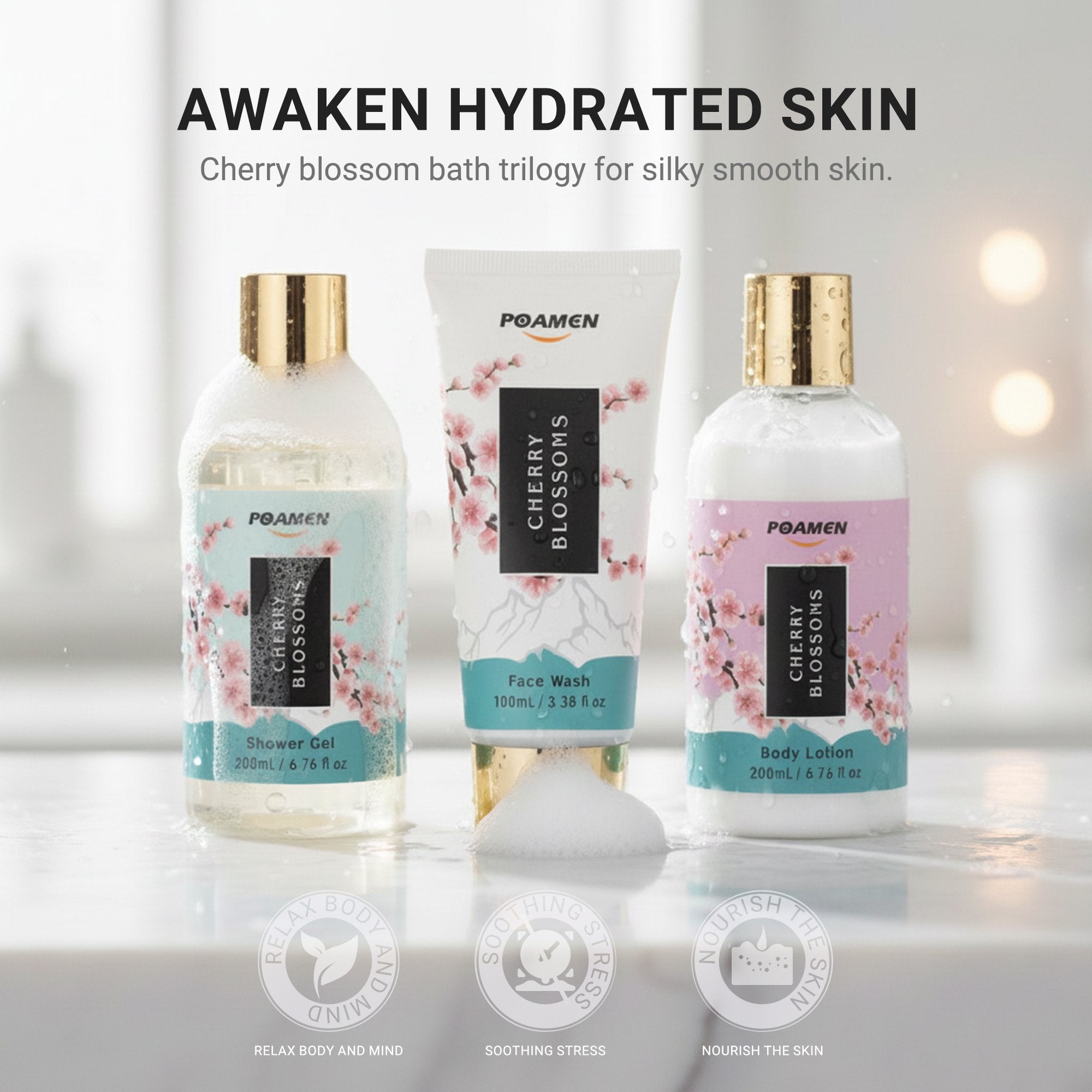 Poamcn Bath and Body Gift Set,Home Spa Gift Set for Women,Japanese Cherry Blossom Scent,3 Piece Set