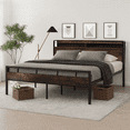 Queen Bed Frame with Storage Headboard, LED Lights and USB Charging Station, Metal Bed Frame, Rustic Brown