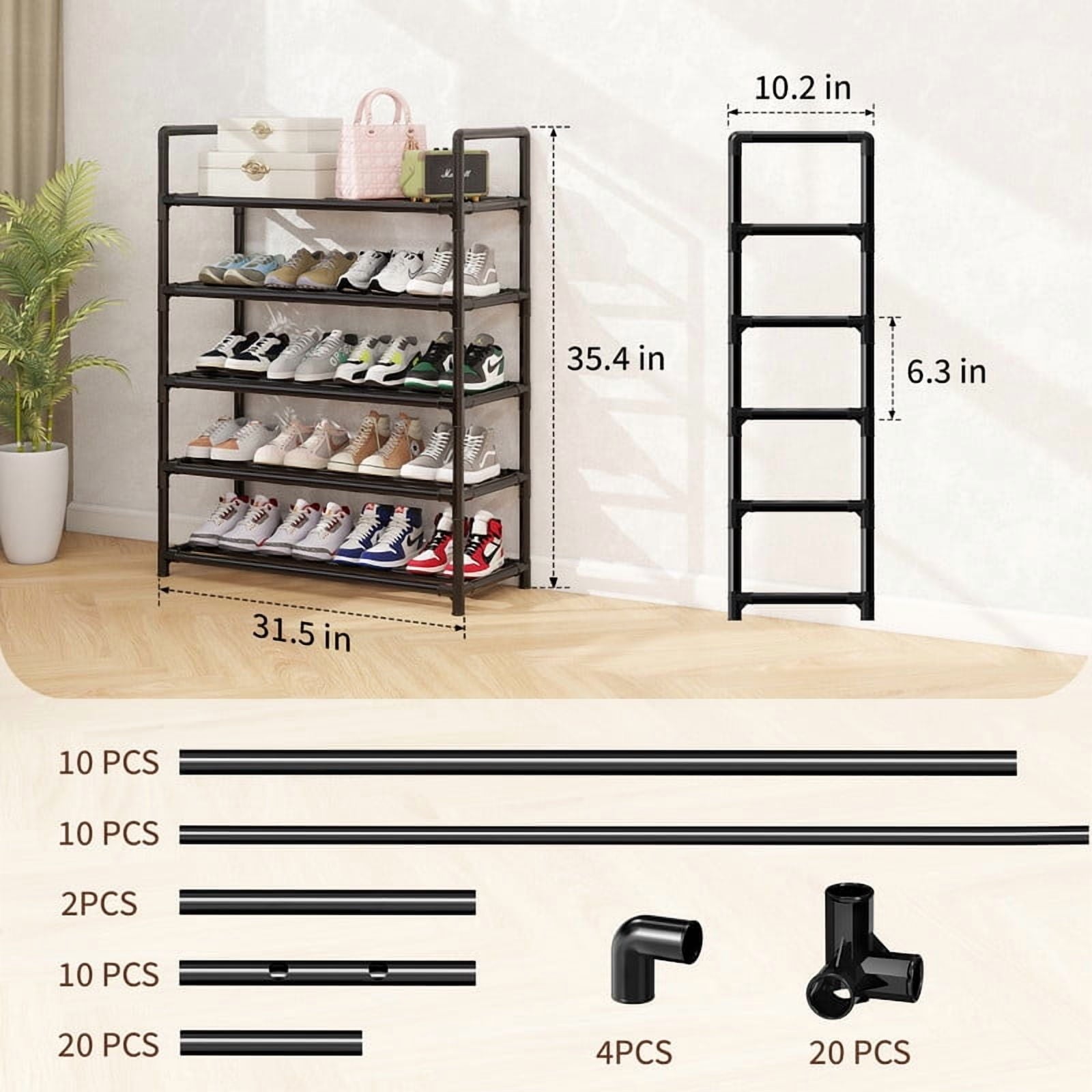 Krpimt 5-Tier Shoe Rack, 31.5" Stackable Shoe Organizer Storage Holds 15-20 Pairs, Metal Shoe Shelf for Entryway Hallway and Closet, Black