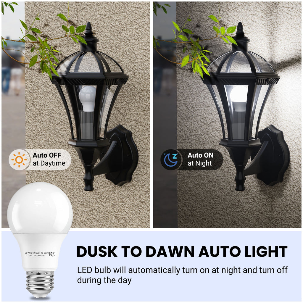 DAYBETTER Dusk to Dawn Light Bulbs Outdoor 60 Watt Equivalent, Automatic On/Off Sensor LED Light Bulb, 9W Daylight 5000K, 800Lumen, A19 E26 Bulbs,4pack.