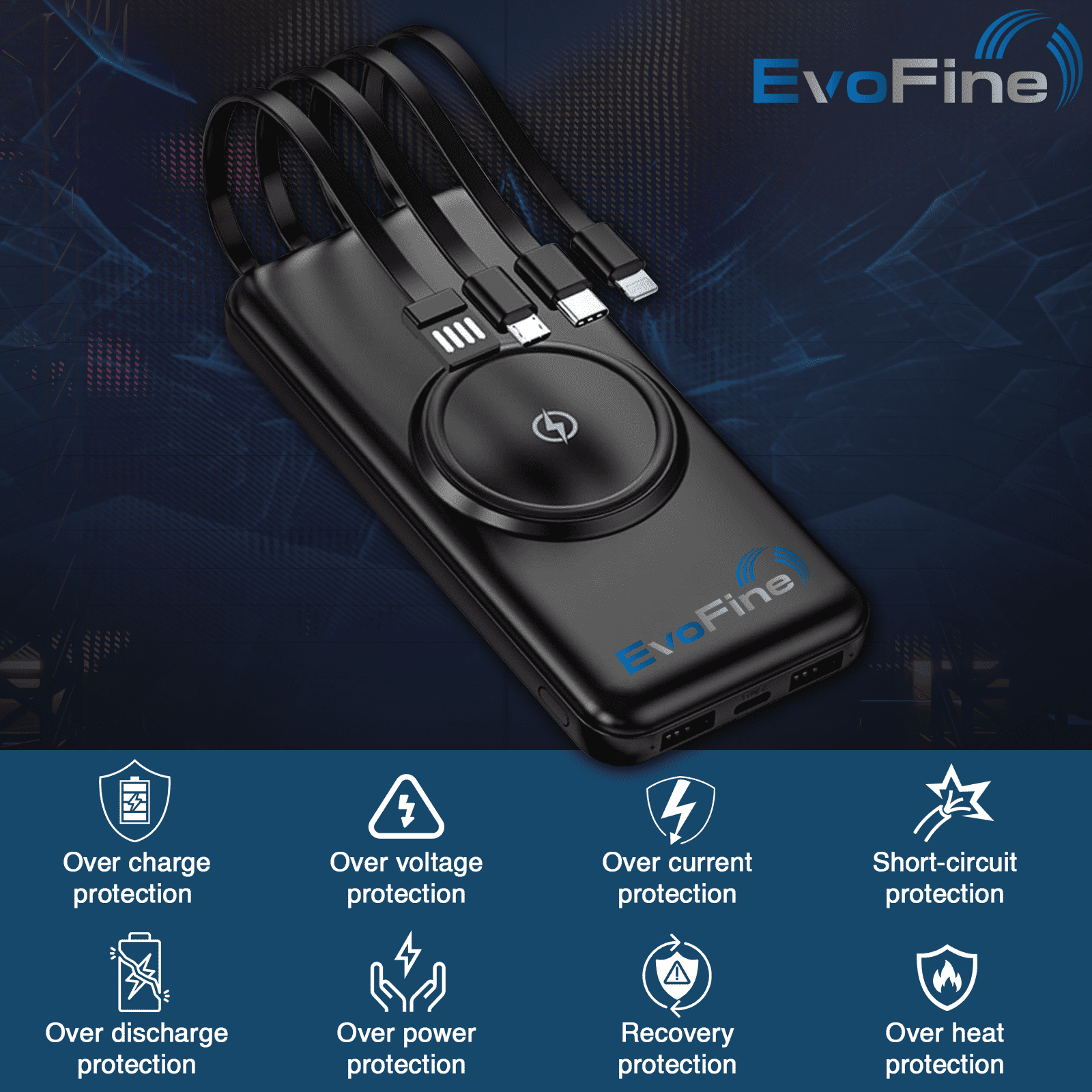 EvoFine Wireless Power Bank, Portable Charger with Built-in 4 Cables, Power Bank 20000mAh Charger