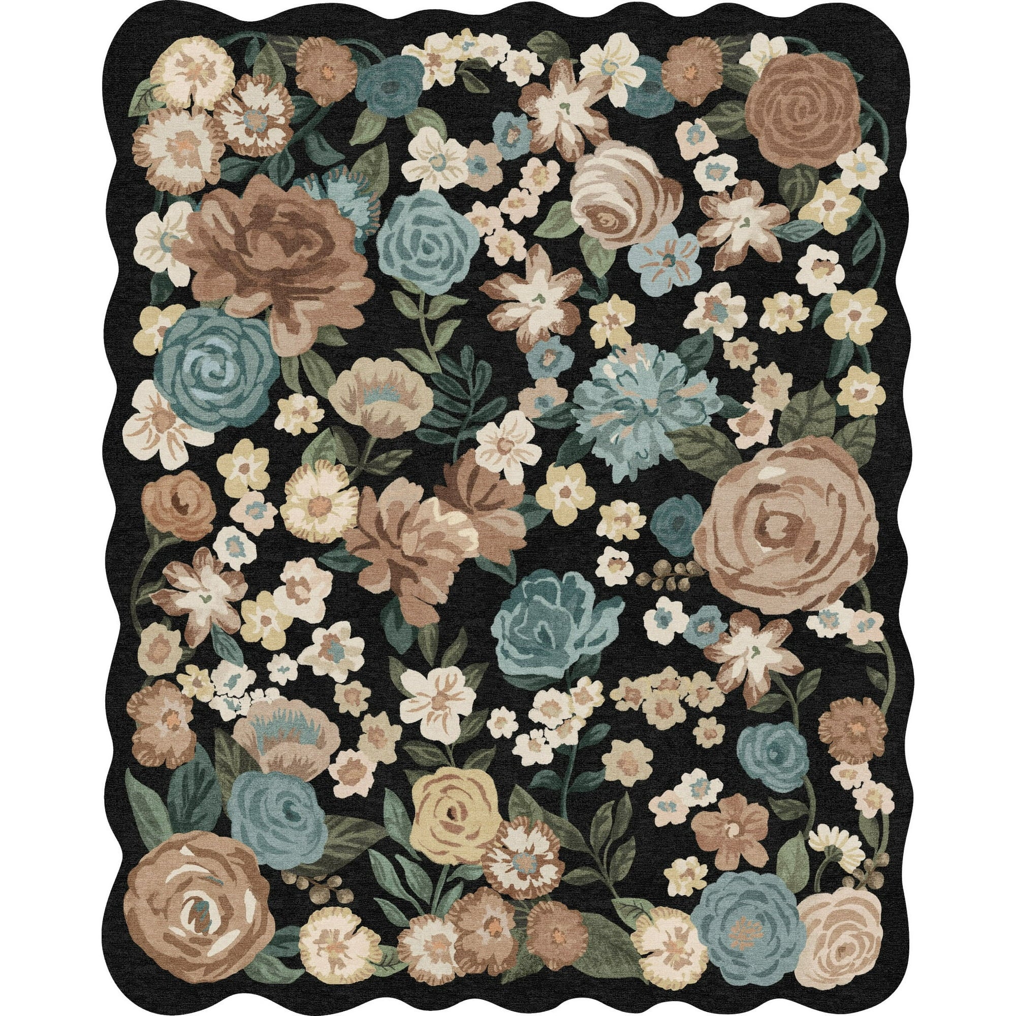 WIPONKEN 8x10 Floral Area Rugs Machine Washable Non-Slip Botanical Scalloped Rug for Living Room Bedroom, Modern Farmhouse Floor Mat with Vintage Flowers Pattern, Home Decor Indoor Low Pile Black