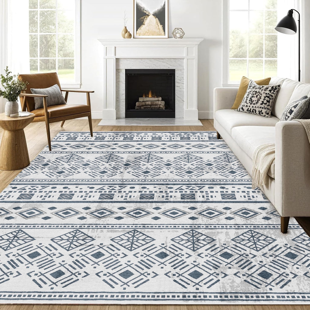 8x10 Rugs for Living Room Black, Washable Boho Area Rug Non-Slip, Ultra Soft Geometric Tribal Traditional Farmhouse Carpet for Dining Room Bedroom Dorm Office Home Decor