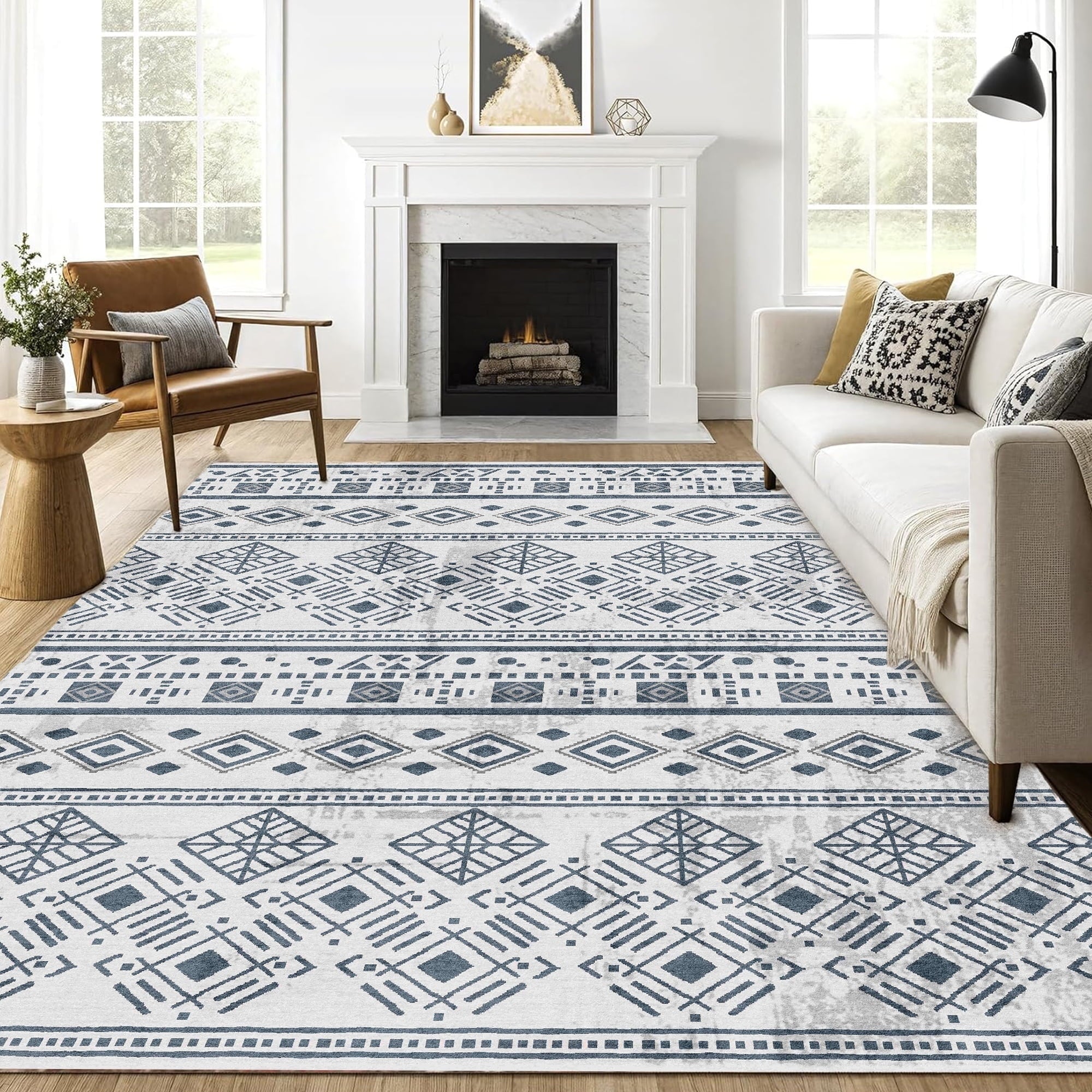 8x10 Rugs for Living Room Black, Washable Boho Area Rug Non-Slip, Ultra Soft Geometric Tribal Traditional Farmhouse Carpet for Dining Room Bedroom Dorm Office Home Decor