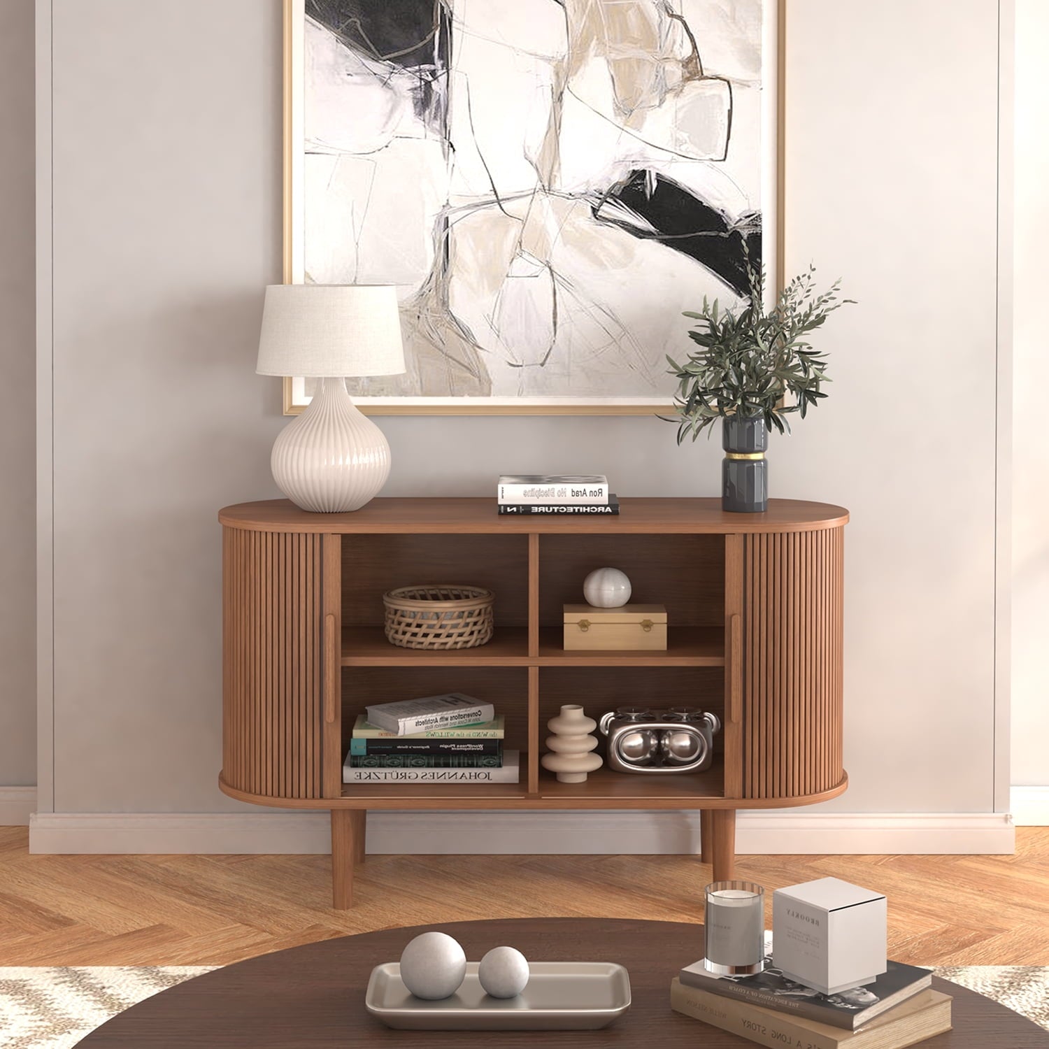 BOMETAO 47'' Sideboard Buffet Cabinet with 2 Sliding Tambour Doors, Mid Century Accent Console Table with Adjustable Shelves, Storage Bar Cabinet for Kitchen, Living Room, Entryway, Walnut