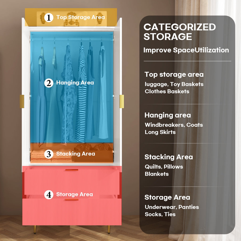 BOMETAO Wood Armoire Wardrobe Closet with 2 Drawers, 70" H x 20" D Modern Freestanding Clothing Storage Cabinet with 2 Doors and Hanging Rod for Bedroom, White