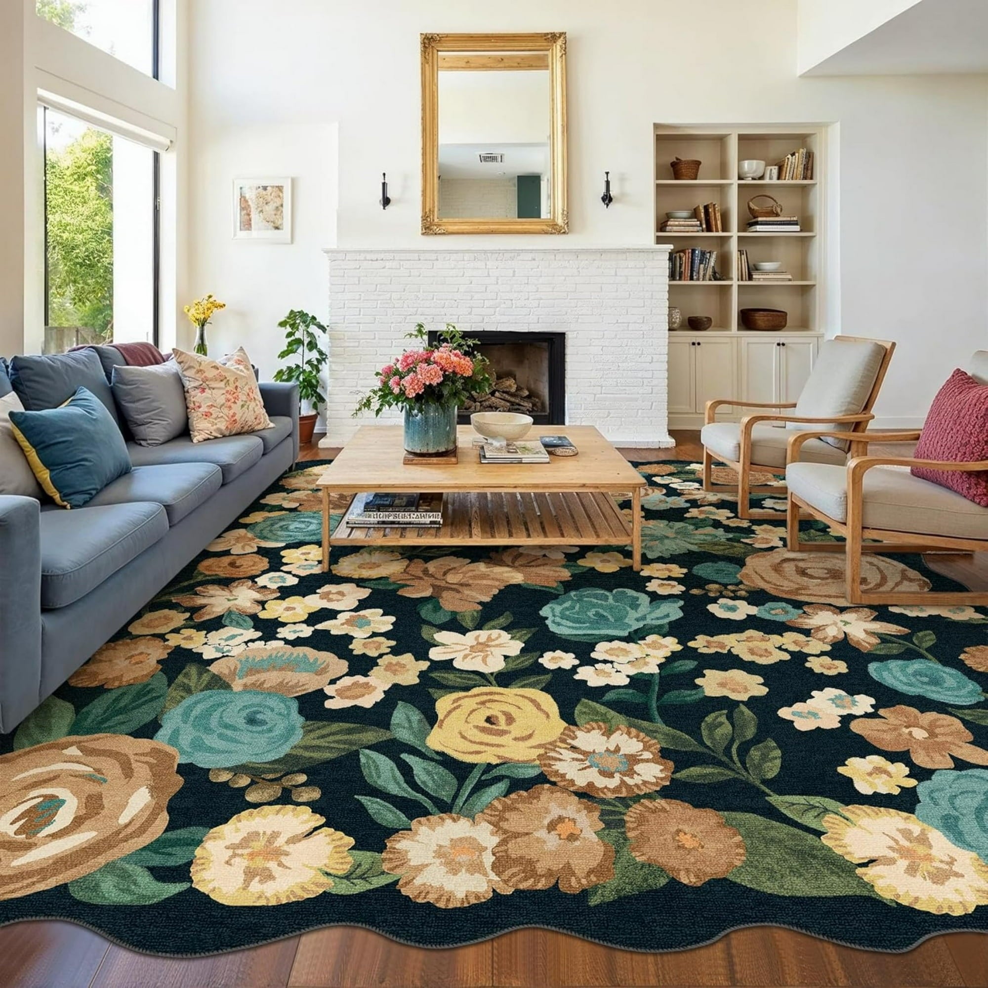 WIPONKEN 8x10 Floral Area Rugs Machine Washable Non-Slip Botanical Scalloped Rug for Living Room Bedroom, Modern Farmhouse Floor Mat with Vintage Flowers Pattern, Home Decor Indoor Low Pile Black