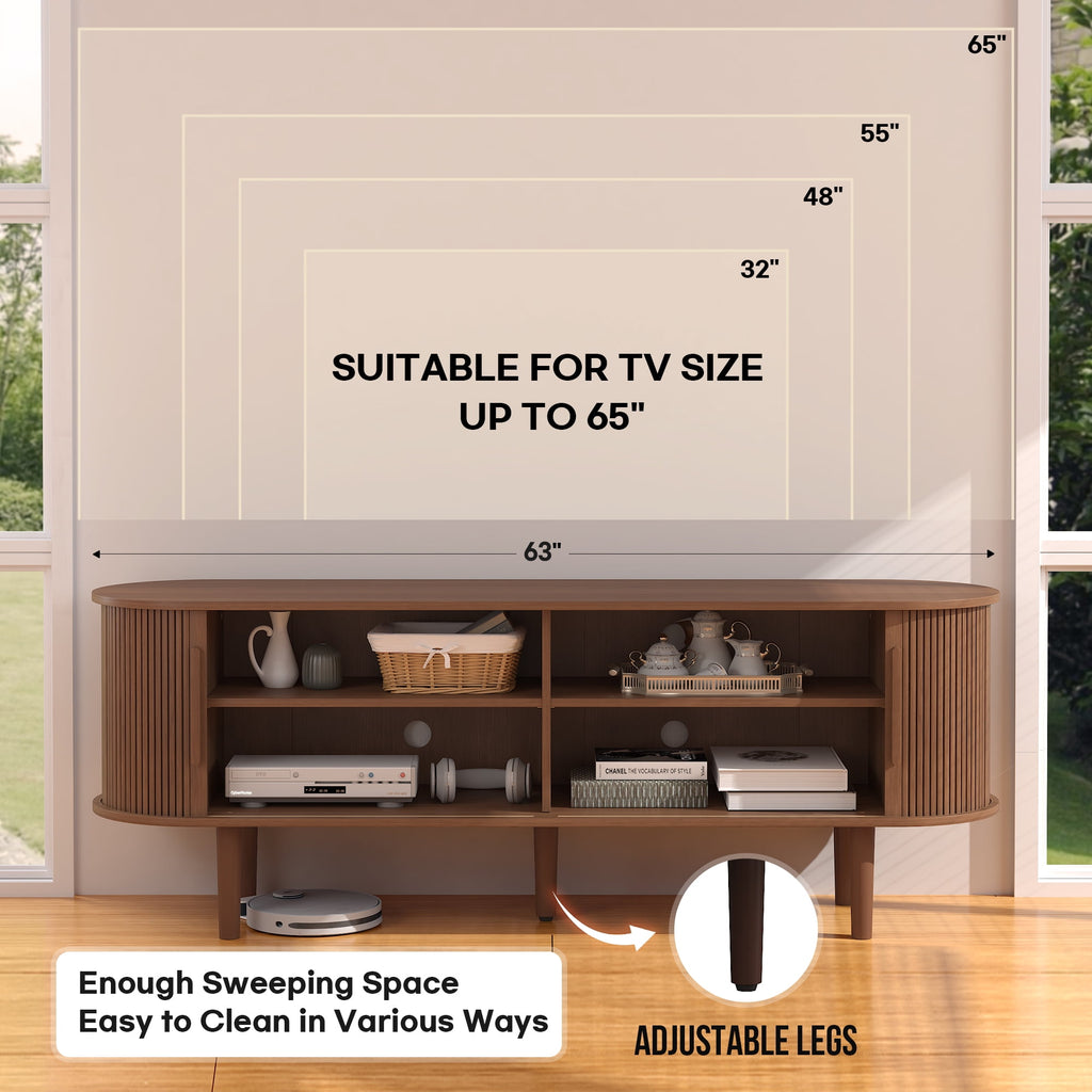 BOMETAO 63" TV Stand with Storage for TVs up to 70 inch Wood Entertainment Center with 2 Sliding Tambour Doors Media TV Console Cabinet with Adjustable Shelves for Living Room, Walnut