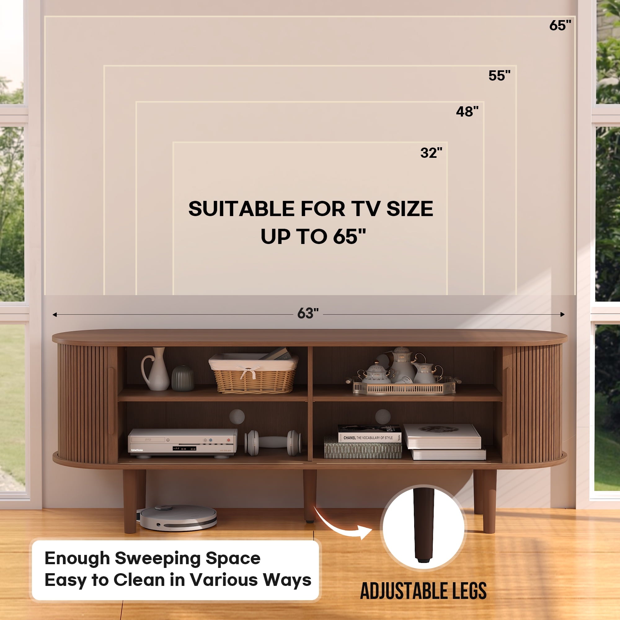 BOMETAO 63" TV Stand with Storage for TVs up to 70 inch Wood Entertainment Center with 2 Sliding Tambour Doors Media TV Console Cabinet with Adjustable Shelves for Living Room, Walnut